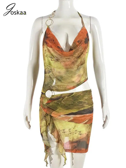 Women's Mesh Backless Cutout Halter Mini Dress Yellow – Back View
