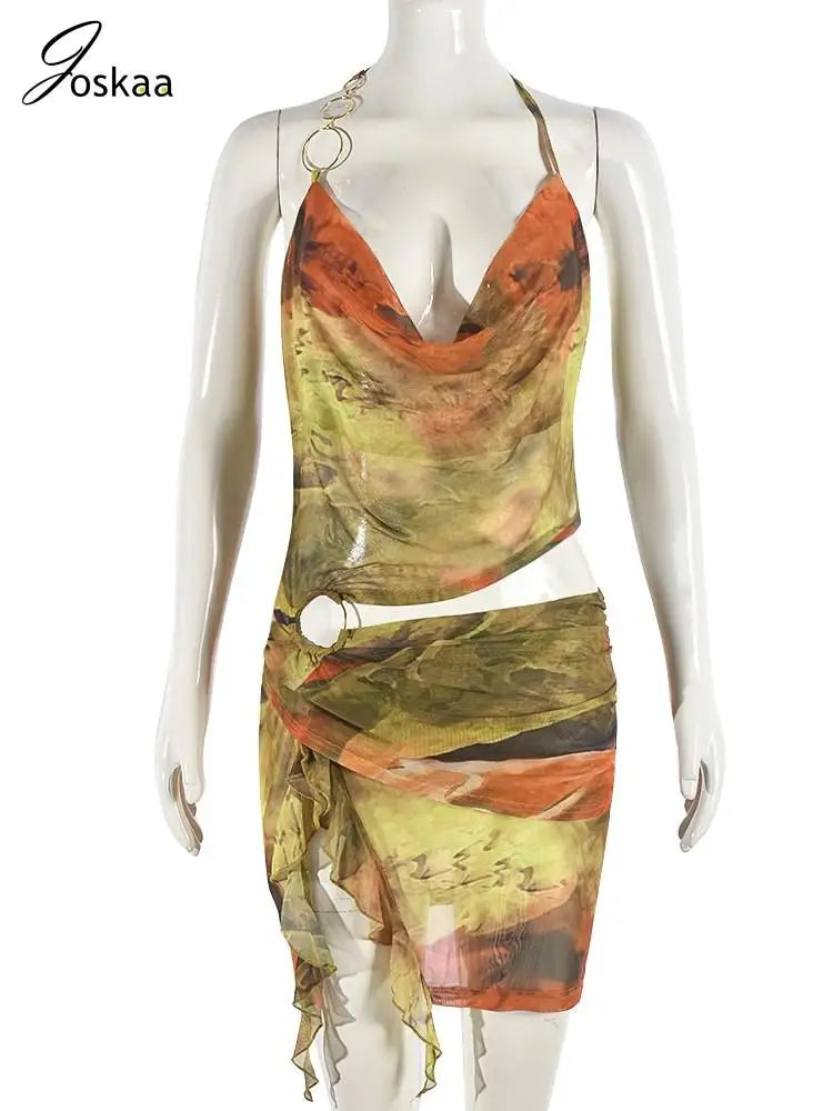 Women's Mesh Backless Cutout Halter Mini Dress Yellow – Back View
