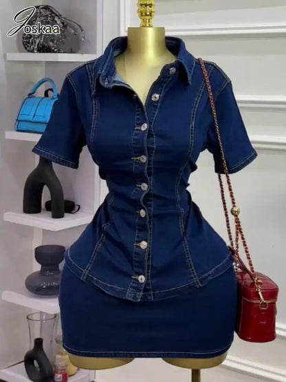 Women's Denim Short Sleeve High Waist Two Piece Set – Women's Fashion Wholesale – Front View