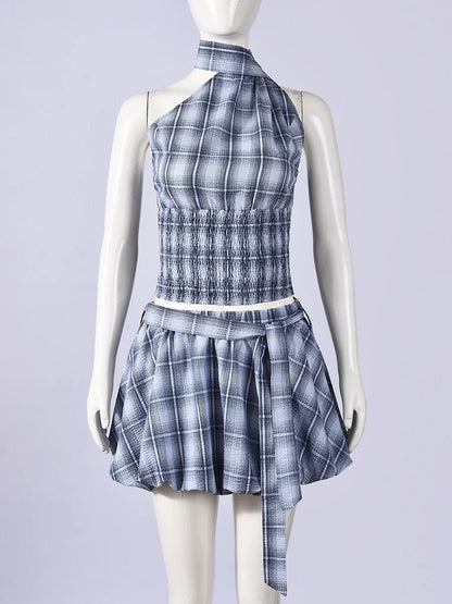 Women's Backless Halter Plaid Two Piece Set