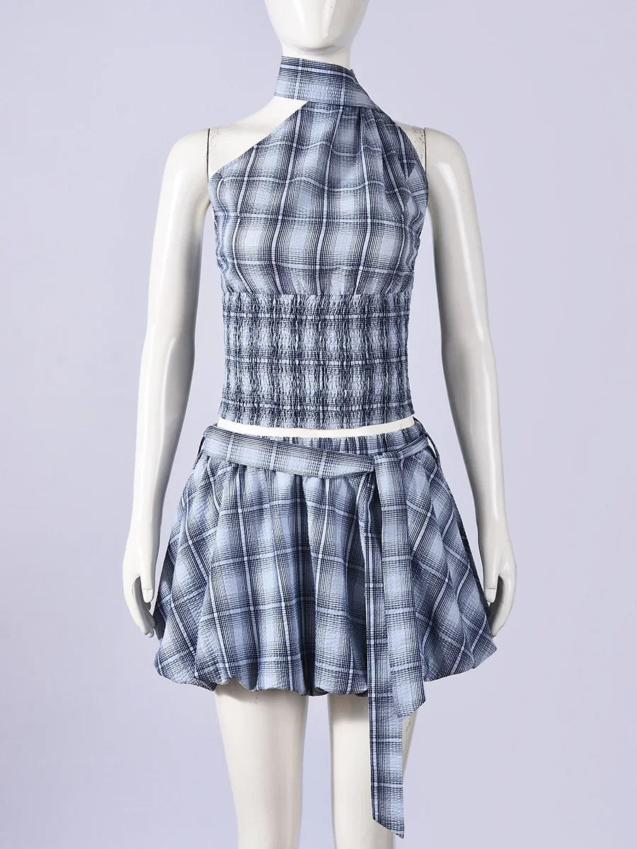 Women's Backless Halter Plaid Two Piece Set