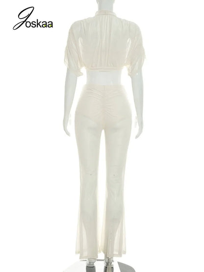 Women's Mesh Ruched Crop Flare Two Piece Set Apricot – Detail View