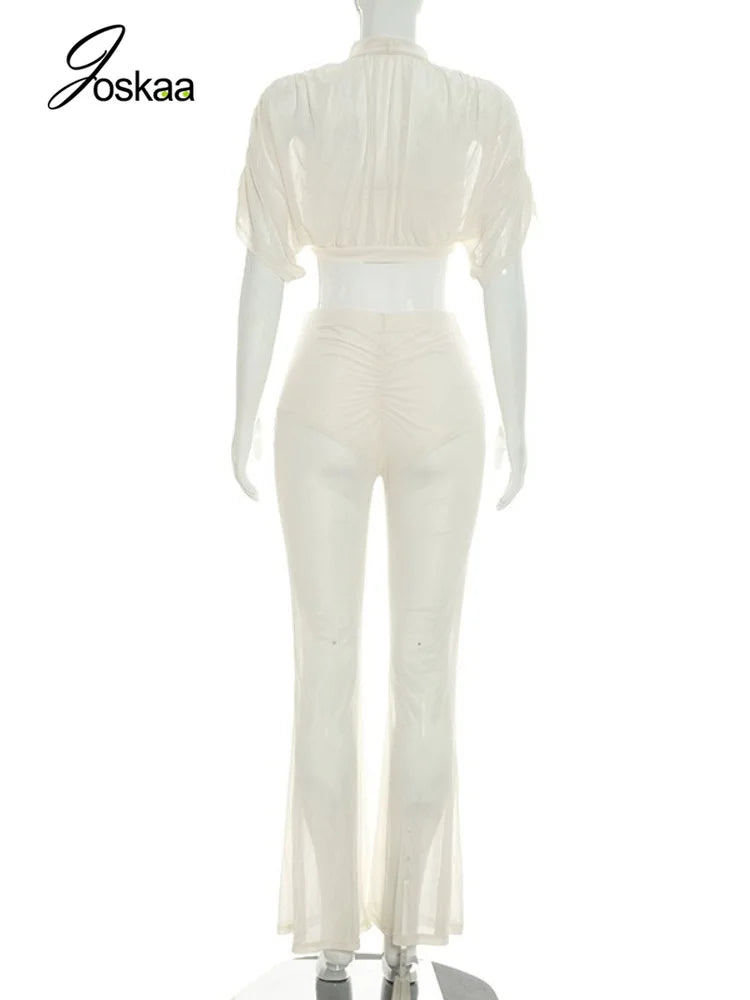 Women's Mesh Ruched Crop Flare Two Piece Set Apricot – Detail View