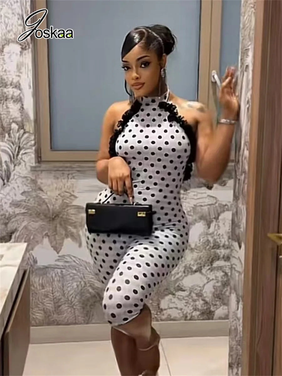 Women's Polka Dot Backless Halter Romper White – Front View
