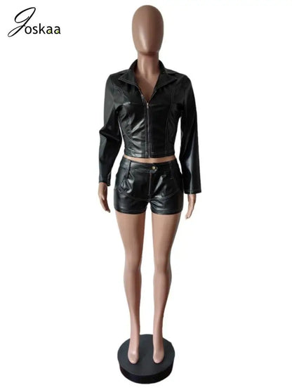 Women's Faux Leather Long Sleeve Crop Two Piece Set Dark Brown – Back View