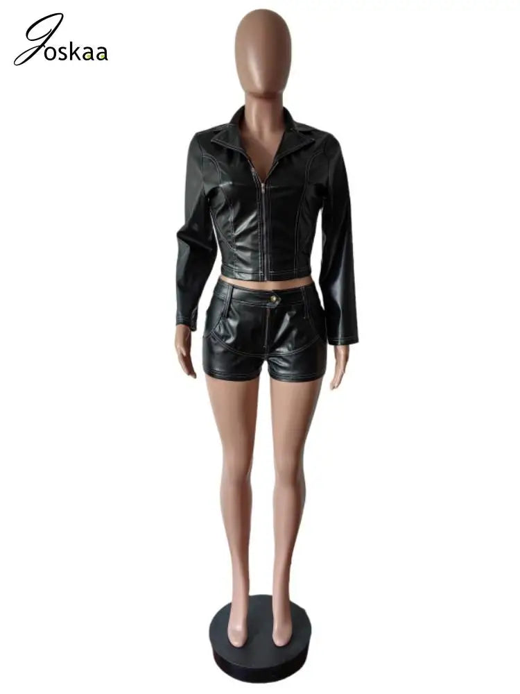 Women's Faux Leather Long Sleeve Crop Two Piece Set Dark Brown – Back View
