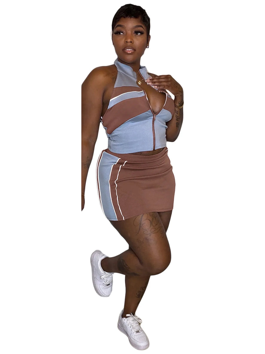 Women's Backless Halter Crop Two Piece Set