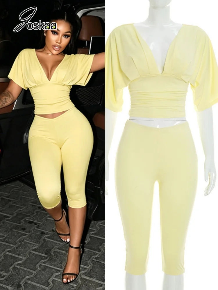 Women's Ruched Crop Solid V-neck Two Piece Set – Women's Fashion Wholesale – Front View