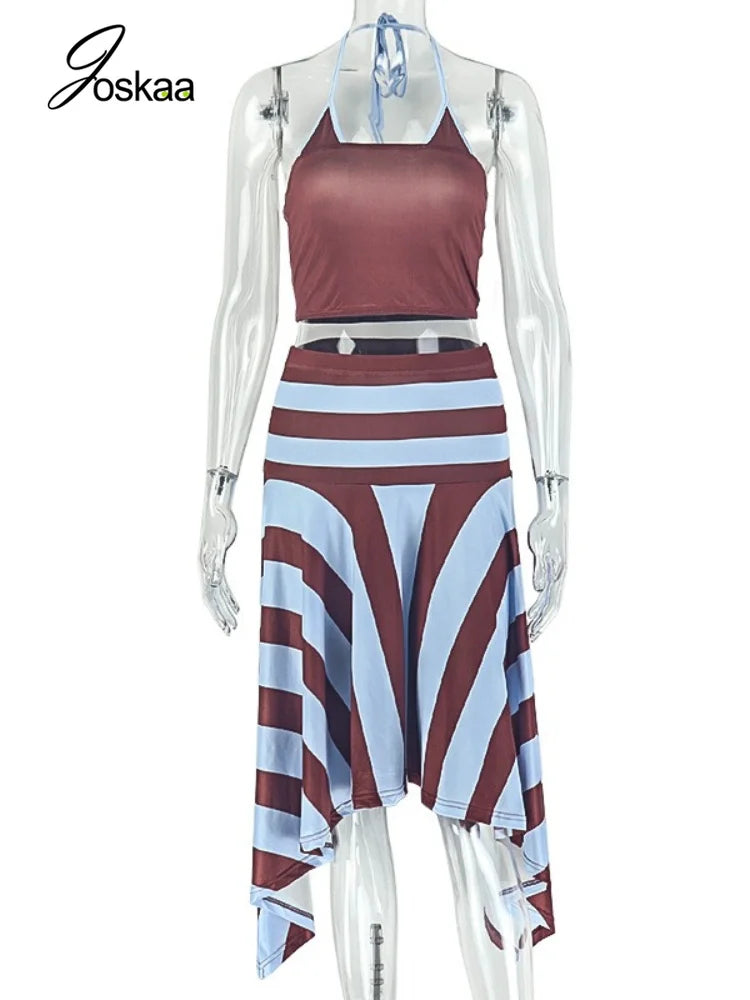 Women's Striped Halter Sleeveless High Waist Two Piece Set - Back View