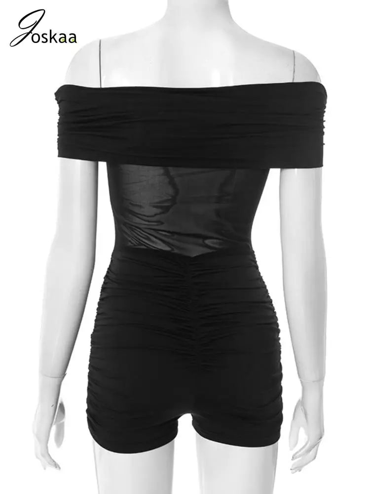 Women's Mesh Strapless Bodycon Pleated Romper Black – Detail View