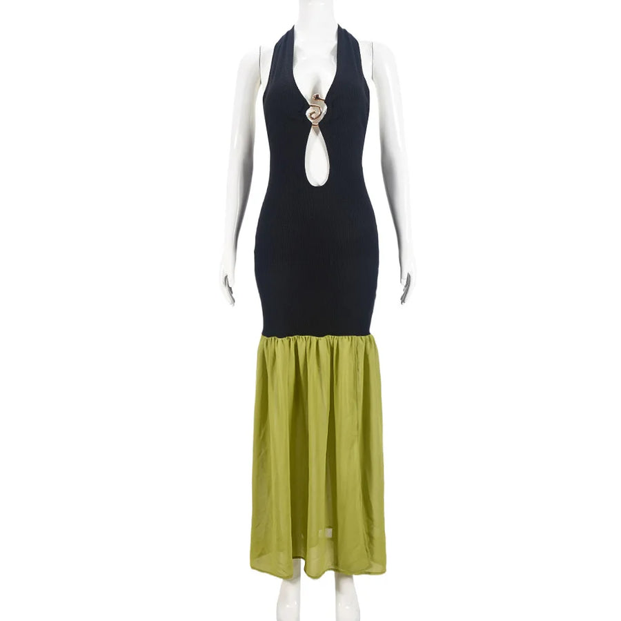 Women's Lace Backless Halter Bodycon Maxi Dress