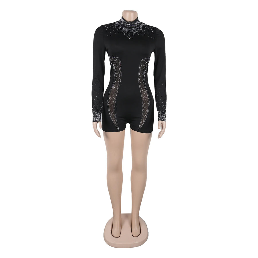 Women's Rhinestone Mesh Long Sleeve Romper