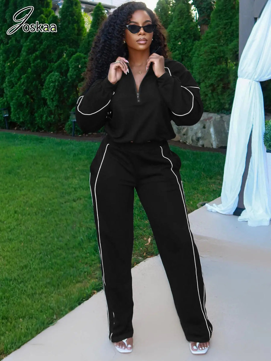 Women's Stripe Sporty Tracksuits Striped Two Piece Set Black – Side View