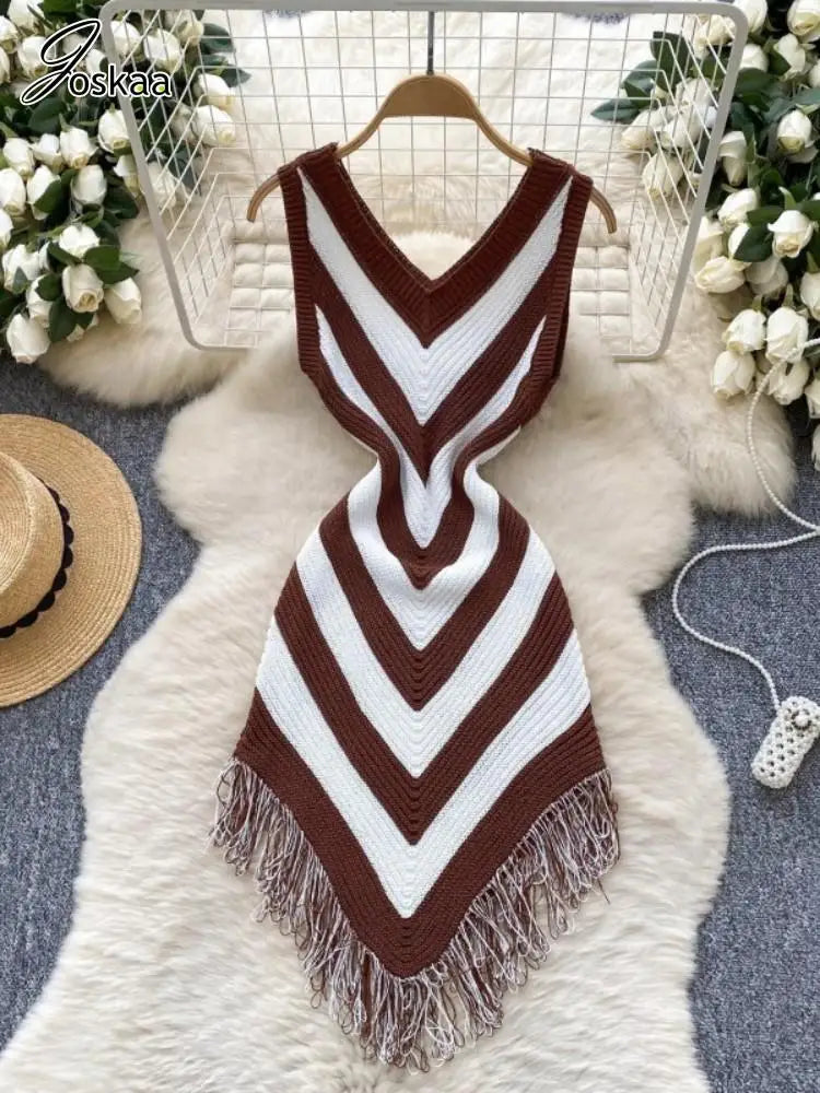 Women's Stripe Knit Sleeveless Bodycon Dress Coffee – Front View