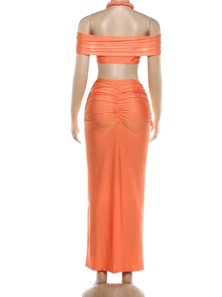 Joskaa Ruched Halter Crop Maxi Two Piece Set - two piece set image 4