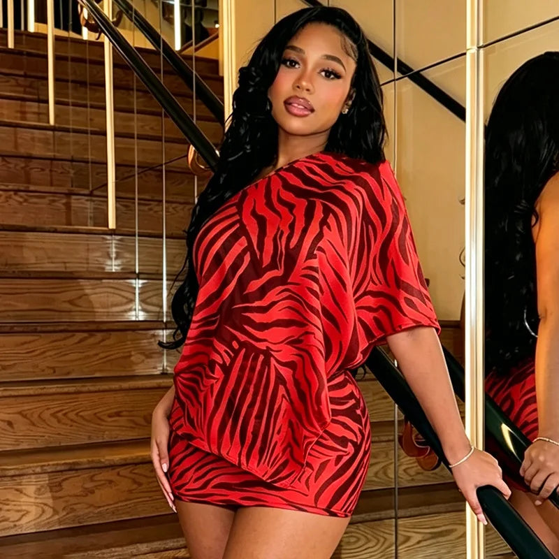 Women's Zebra Print Stripe Mesh Two Piece Set