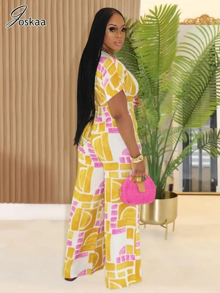 Women's Short Sleeve Flare Zip Wide Leg Romper Yellow – Front View