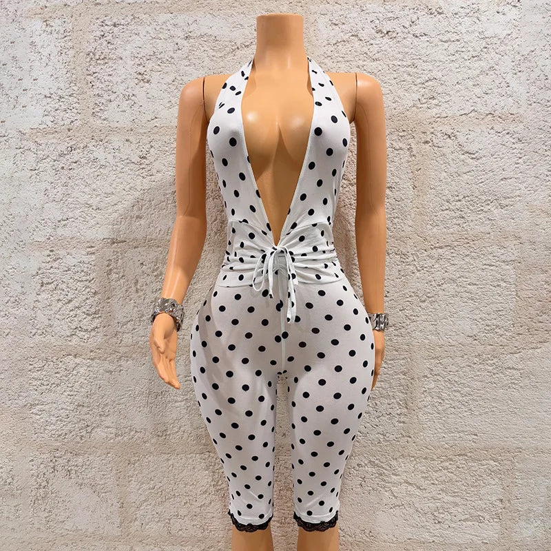 Women's Polka Dot Lace Backless V-neck Romper - Additional View 9