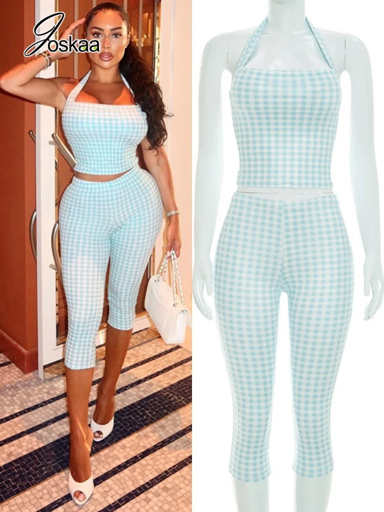 Women's Backless Halter High Waist Two Piece Set Plaid - Front View
