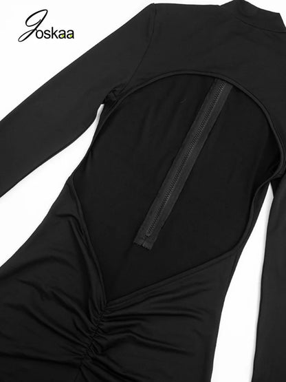 Women's Ruched Cutout Zip Up Long Sleeve Romper - Model Wearing Style