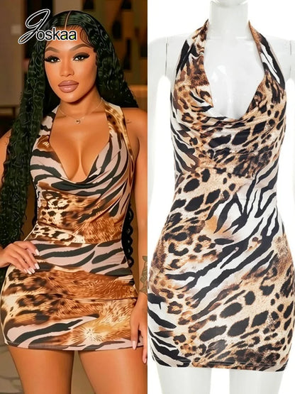 Women's Leopard Print Backless Halter Mini Dress – Women's Fashion Wholesale – Front View