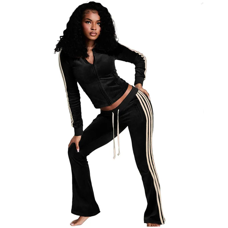Women's Stripe Velvet Long Sleeve Two Piece Set
