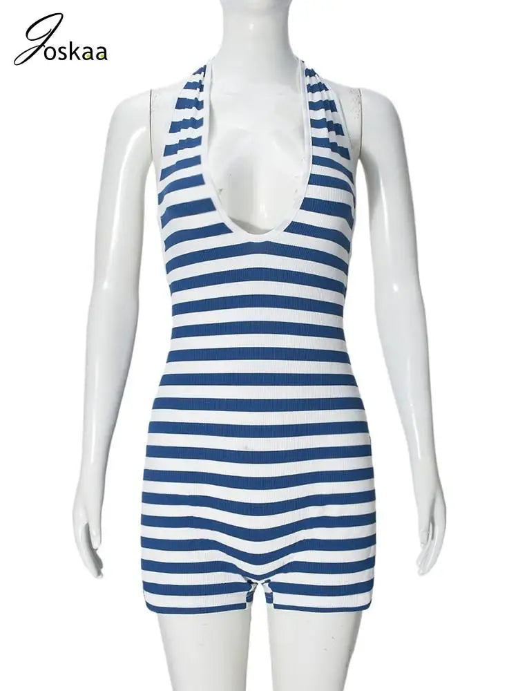 Women's Stripe Backless Halter Bodycon Romper Blue White Stripe – Back View