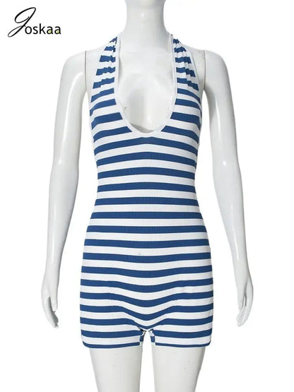 Women's Stripe Backless Halter Bodycon Romper Blue White Stripe – Back View