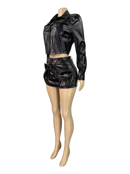 Joskaa Faux Leather Long Sleeve Two Piece Set - two piece set image 3