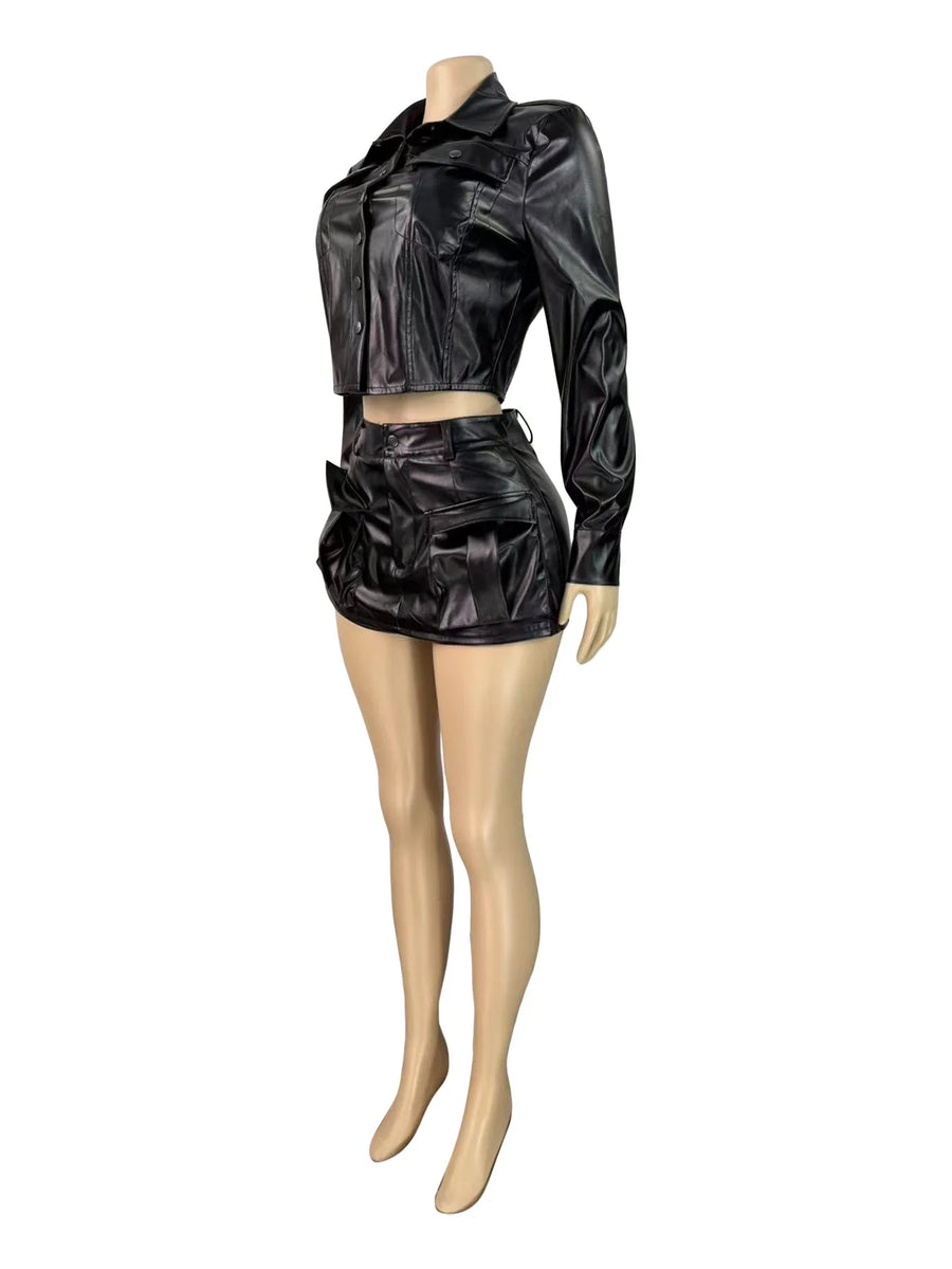 Joskaa Faux Leather Long Sleeve Two Piece Set - two piece set image 3