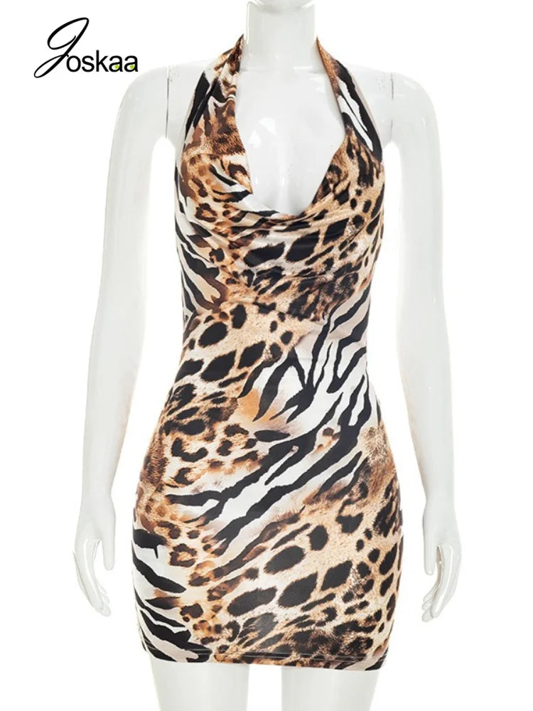 Women's Leopard Print Backless Halter Mini Dress Wine Red – Back View