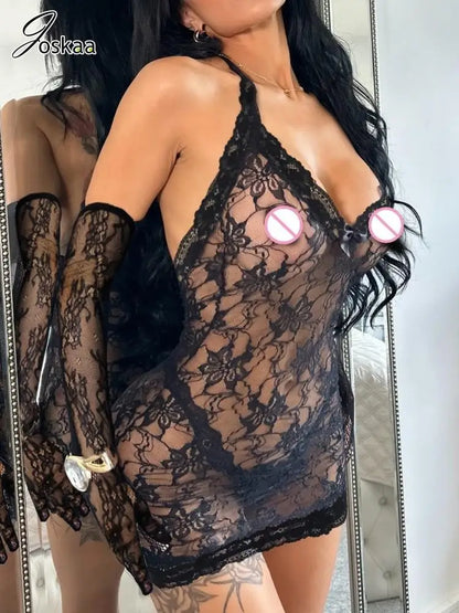 Wholesale Women's Lace Halter Mini Two Piece Set Black – Front View