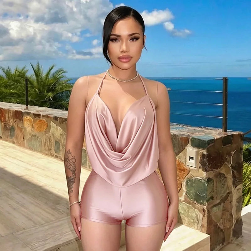 Women's Lace Ruched Backless Halter Romper