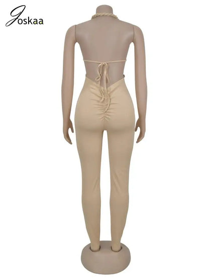 Women's Knit Ruched Backless Cutout Romper Apricot – Detail View