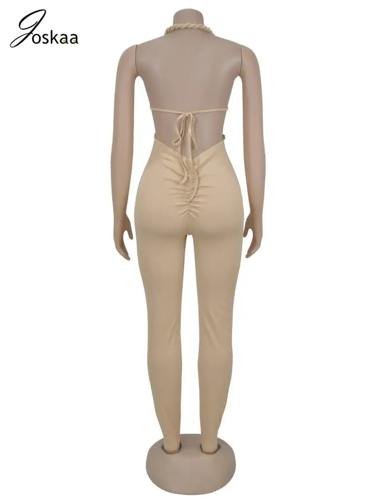 Women's Knit Ruched Backless Cutout Romper Apricot – Detail View