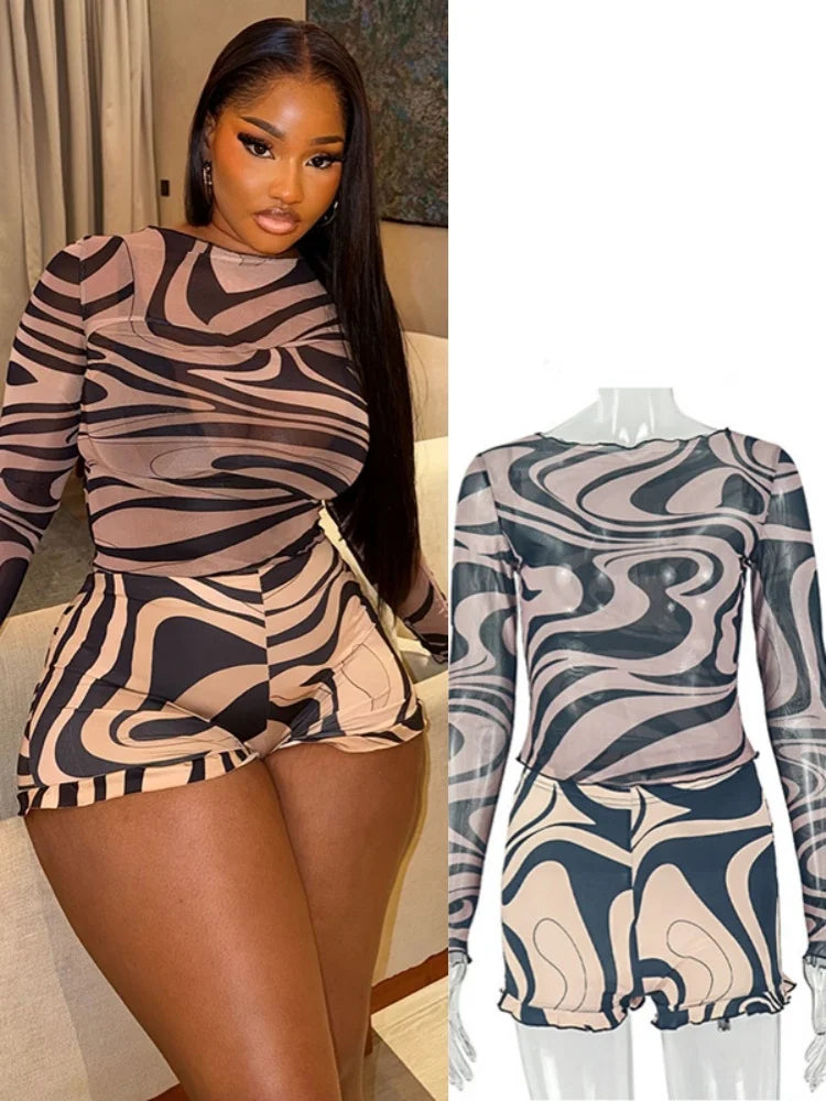 Women's Swirl Print Mesh Long Sleeve High Waist Two Piece Set - Additional View 8