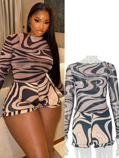 Women's Swirl Print Mesh Long Sleeve High Waist Two Piece Set - Additional View 8