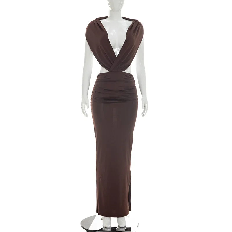 Women's Ruched Backless V-neck Bodycon Maxi Dress - Additional View 9