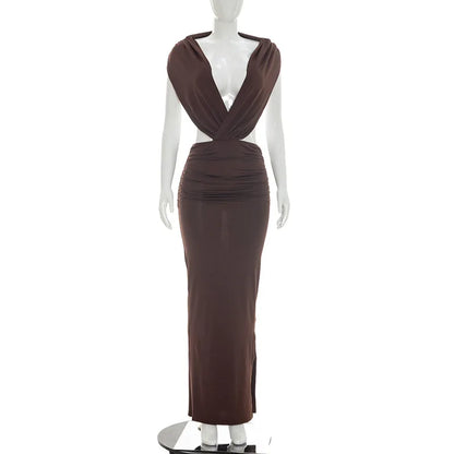 Women's Ruched Backless V-neck Bodycon Maxi Dress - Additional View 9