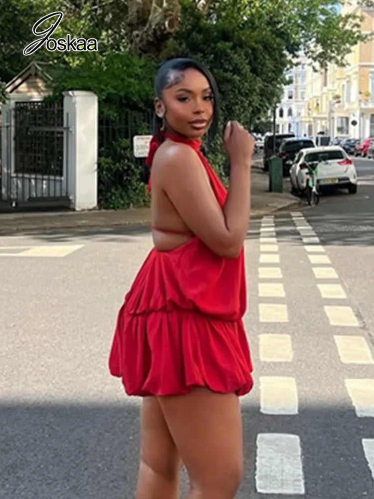 Women's Backless Halter Sleeveless Mini Dress Red – Front View