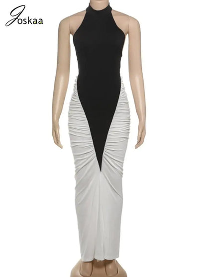 Women's Ruched Backless Halter Maxi Dress Blue – Back View