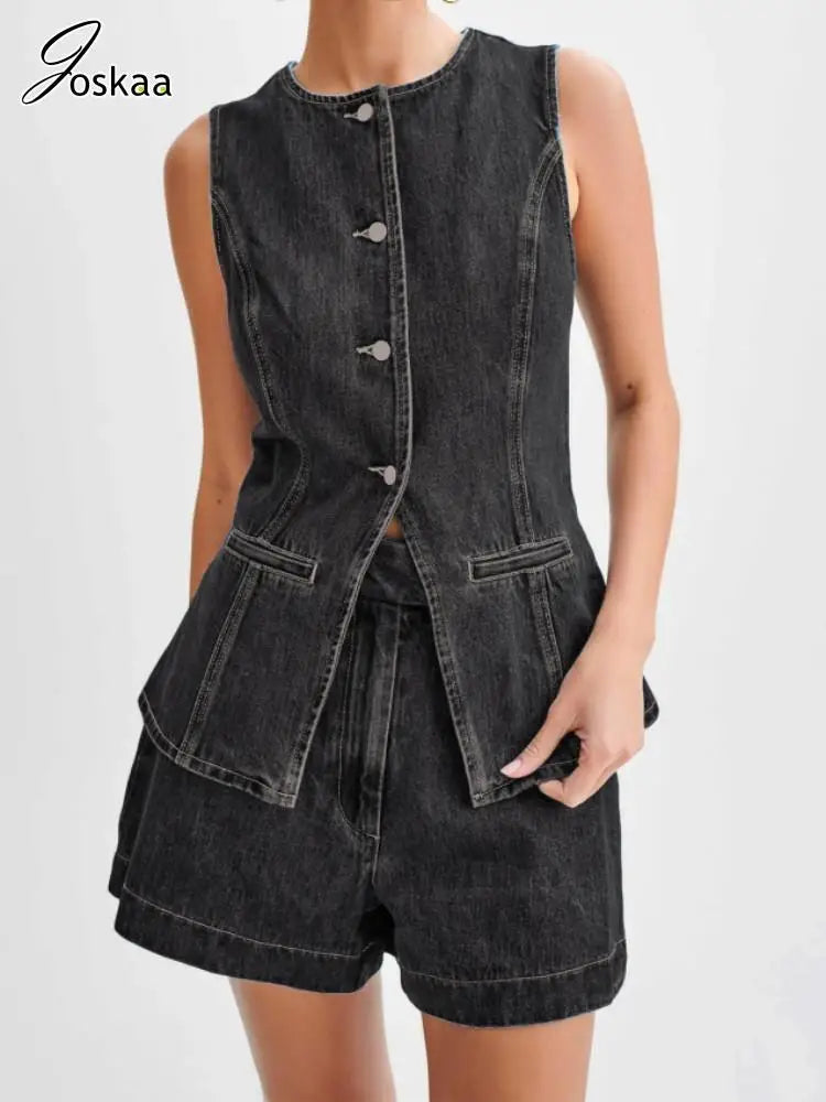 Women's Denim Sleeveless High Waist Two Piece Set Dark Blue Sets – Side View