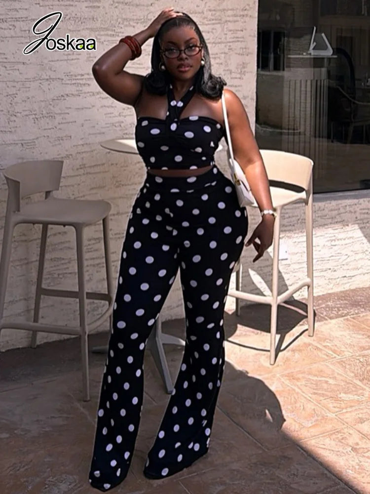 Women's Polka Dot Ruched Halter High Waist Two Piece Set - Front View