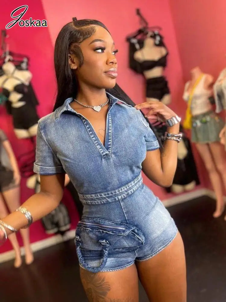 Women's Denim Short Sleeve Bodycon Romper – Women's Fashion Wholesale – Front View