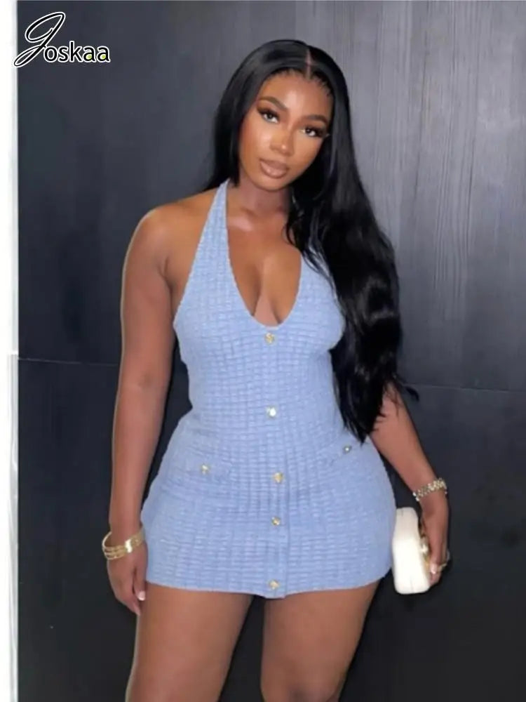 Women's Knit Backless Halter Bodycon Mini Dress Light Blue – Front View