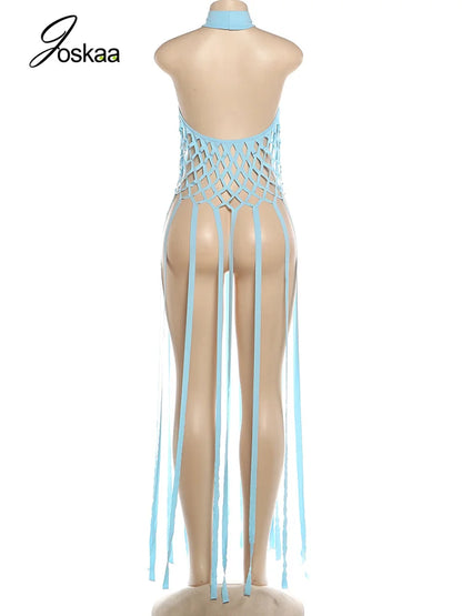 Women's Mesh Backless Cutout Halter Top Fishnet Tassel Tank - Detail View