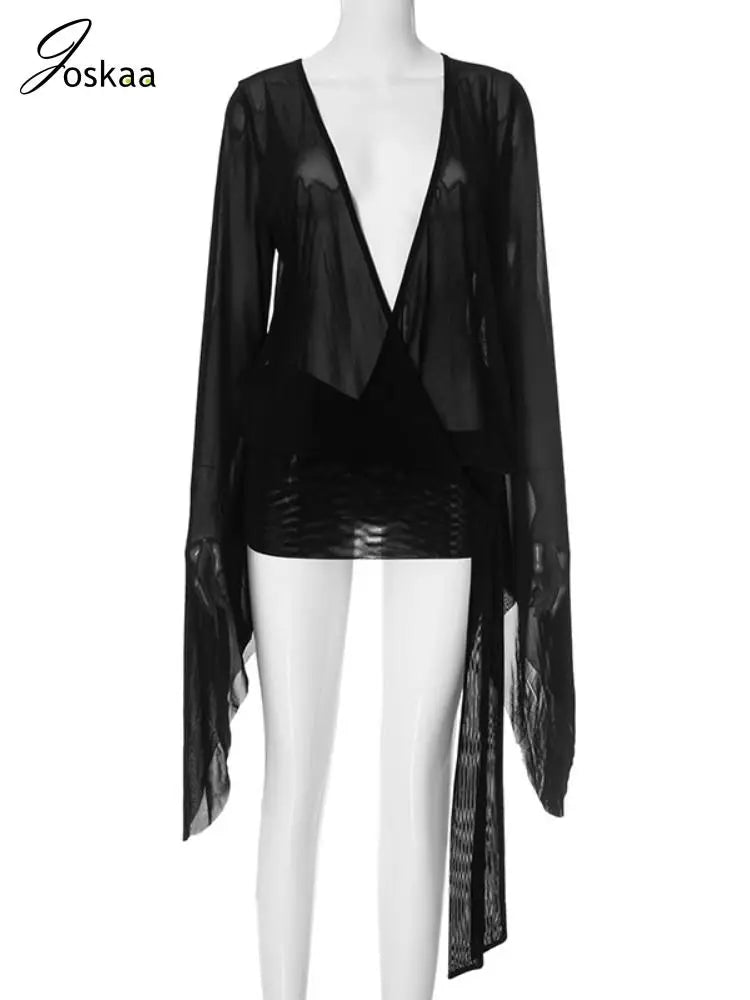 Women's Mesh Backless Flare Black Deep Dress Black – Back View
