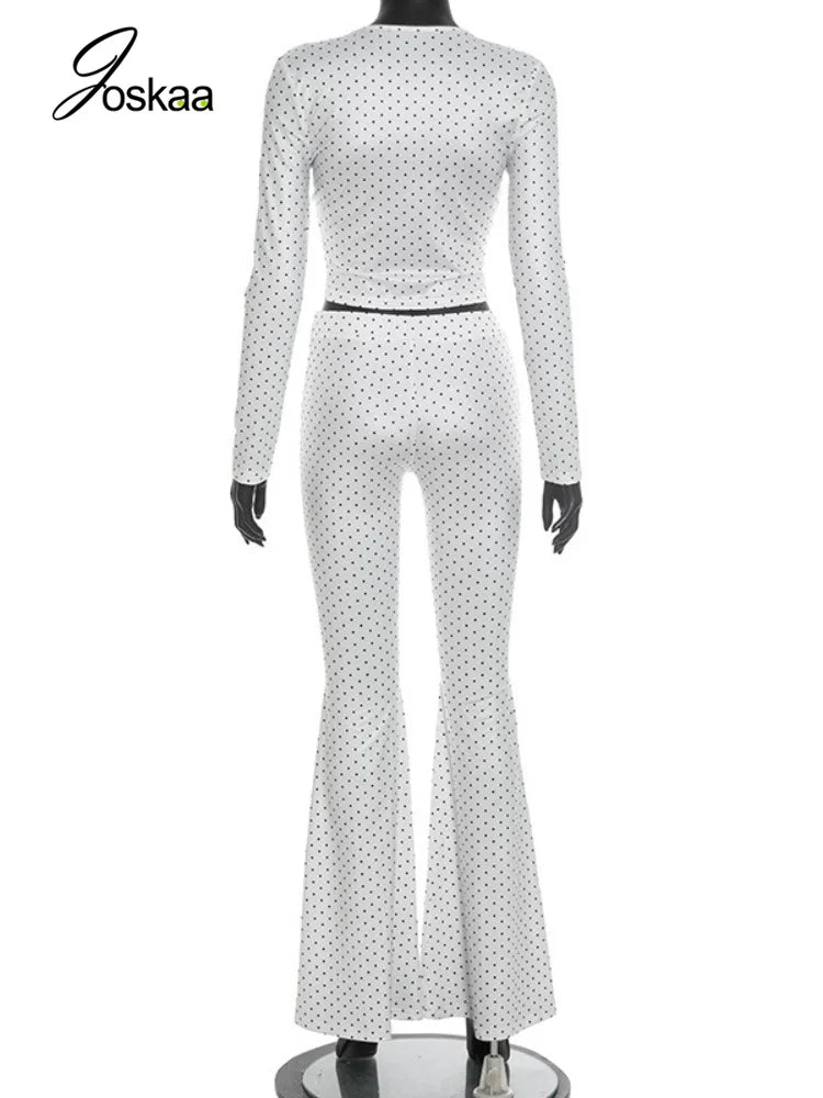 Women's Polka Dot V-neck Zip Up Long Sleeve Two Piece Set - Detail View