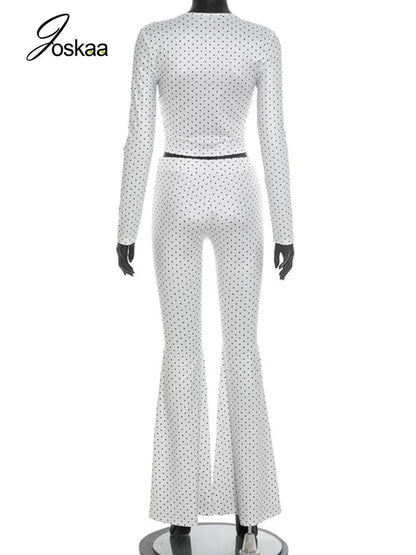 Women's Polka Dot V-neck Zip Up Long Sleeve Two Piece Set - Detail View