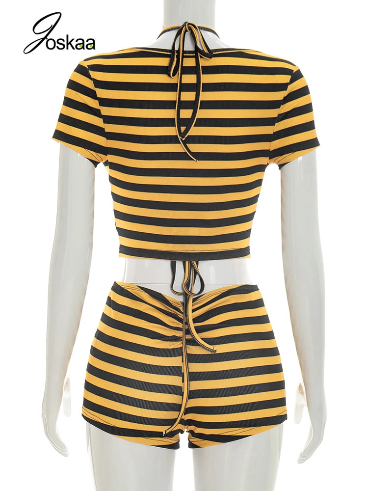 Women's Stripe Halter Short Sleeve Two Piece Set Black – Back View